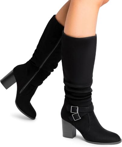 DREAM PAIRS Women's Knee High Boots Slouchy Chunky Heeled Buckle Long Boots for Women Side Zipper Tall Boots in Saudi Arabia