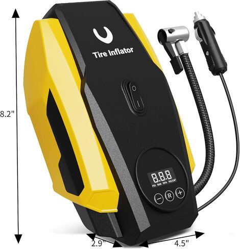 Tire Inflator Portable Air Compressor - Air Pump for Car Tires - 12V DC Compact Tire Pump with Auto Shutoff Function - Multipurpose Car Accessory with LED Light, Yellow, Medium in Saudi Arabia