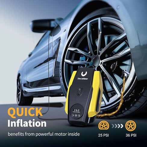 Tire Inflator Portable Air Compressor - Air Pump for Car Tires - 12V DC Compact Tire Pump with Auto Shutoff Function - Multipurpose Car Accessory with LED Light, Yellow, Medium in Saudi Arabia