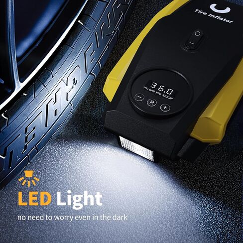 Tire Inflator Portable Air Compressor - Air Pump for Car Tires - 12V DC Compact Tire Pump with Auto Shutoff Function - Multipurpose Car Accessory with LED Light, Yellow, Medium in Saudi Arabia