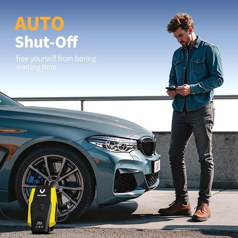 Tire Inflator Portable Air Compressor - Air Pump for Car Tires - 12V DC Compact Tire Pump with Auto Shutoff Function - Multipurpose Car Accessory with LED Light, Yellow, Medium in Saudi Arabia
