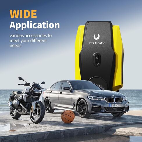 Tire Inflator Portable Air Compressor - Air Pump for Car Tires - 12V DC Compact Tire Pump with Auto Shutoff Function - Multipurpose Car Accessory with LED Light, Yellow, Medium in Saudi Arabia