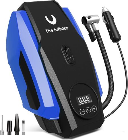 Tire Inflator Portable Air Compressor - Air Pump for Car Tires - 12V DC Compact Tire Pump with Auto Shutoff Function - Multipurpose Car Accessory with LED Light, Yellow, Medium in Saudi Arabia