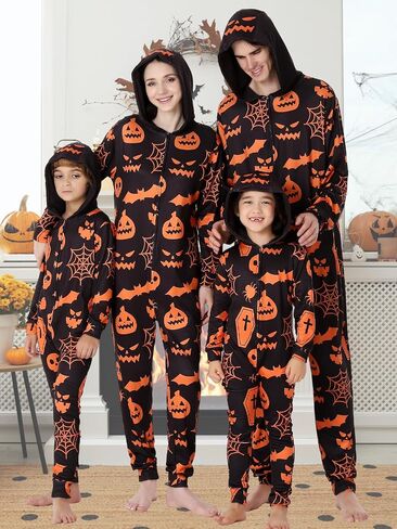 Family Matching Halloween Onesie Pajamas, Adult Halloween Onesie Pumpkin Printed Pjs One Piece Loungewear Sleepwear in Kuwait