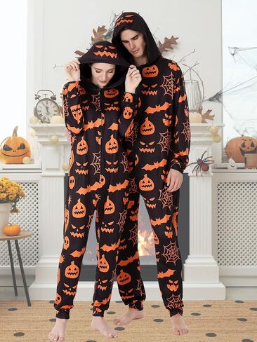 Family Matching Halloween Onesie Pajamas, Adult Halloween Onesie Pumpkin Printed Pjs One Piece Loungewear Sleepwear in Kuwait