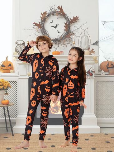 Family Matching Halloween Onesie Pajamas, Adult Halloween Onesie Pumpkin Printed Pjs One Piece Loungewear Sleepwear in Kuwait