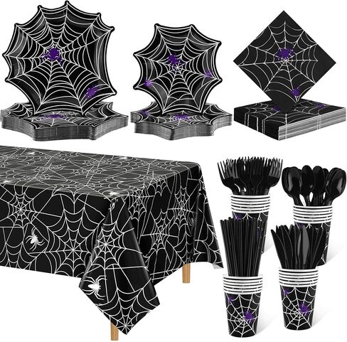 مجموعة أدوات مائدة من Durony مكونة من 201 قطعة من لوازم حفلات الهالوين العنكبوتية بما في ذلك أطباق ورقية للاستعمال مرة واحدة من شبكة الهالوين العنكبوتية والأكواب والمناديل والسكاكين والشوك والملاعق والمصاصات ومفارش المائدة تكفي لـ 25 شخصًا in Kuwait