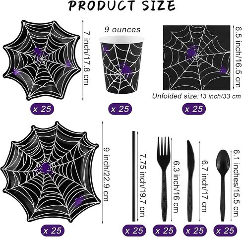 مجموعة أدوات مائدة من Durony مكونة من 201 قطعة من لوازم حفلات الهالوين العنكبوتية بما في ذلك أطباق ورقية للاستعمال مرة واحدة من شبكة الهالوين العنكبوتية والأكواب والمناديل والسكاكين والشوك والملاعق والمصاصات ومفارش المائدة تكفي لـ 25 شخصًا in Kuwait
