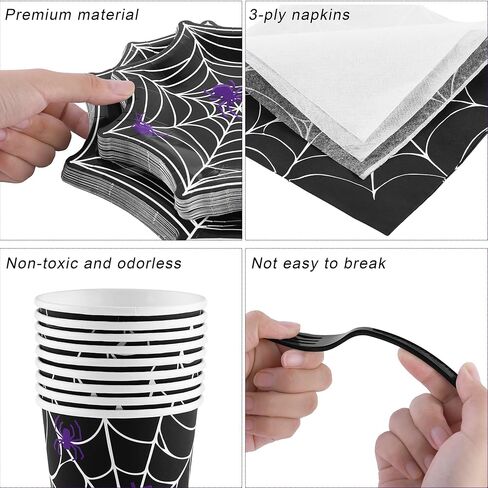 مجموعة أدوات مائدة من Durony مكونة من 201 قطعة من لوازم حفلات الهالوين العنكبوتية بما في ذلك أطباق ورقية للاستعمال مرة واحدة من شبكة الهالوين العنكبوتية والأكواب والمناديل والسكاكين والشوك والملاعق والمصاصات ومفارش المائدة تكفي لـ 25 شخصًا in Kuwait