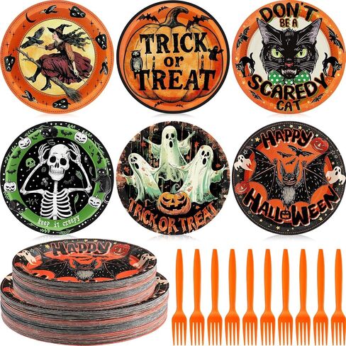 Sieral 180 Pcs Vintage Style Halloween Party Supplies Halloween Paper Plates and Forks Set, 7'' & 9'' Retro Ghost Pumpkin Plates Trick or Treat Halloween Party Decorations in Saudi Arabia