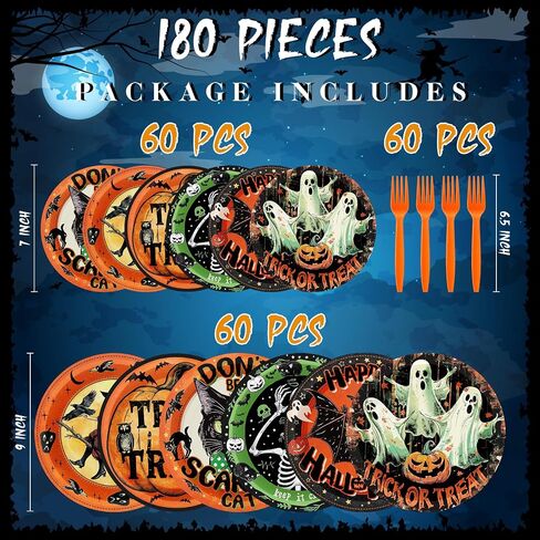Sieral 180 Pcs Vintage Style Halloween Party Supplies Halloween Paper Plates and Forks Set, 7'' & 9'' Retro Ghost Pumpkin Plates Trick or Treat Halloween Party Decorations in Saudi Arabia