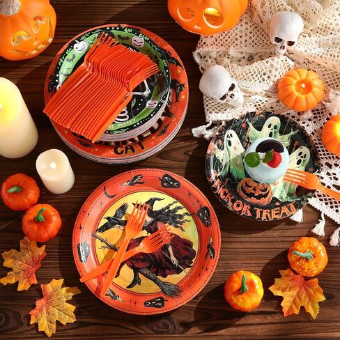 Sieral 180 Pcs Vintage Style Halloween Party Supplies Halloween Paper Plates and Forks Set, 7'' & 9'' Retro Ghost Pumpkin Plates Trick or Treat Halloween Party Decorations in Saudi Arabia