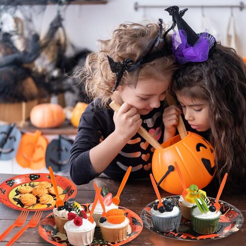 Sieral 180 Pcs Vintage Style Halloween Party Supplies Halloween Paper Plates and Forks Set, 7'' & 9'' Retro Ghost Pumpkin Plates Trick or Treat Halloween Party Decorations in Saudi Arabia