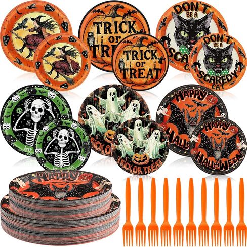 Sieral 180 Pcs Vintage Style Halloween Party Supplies Halloween Paper Plates and Forks Set, 7'' & 9'' Retro Ghost Pumpkin Plates Trick or Treat Halloween Party Decorations in Saudi Arabia