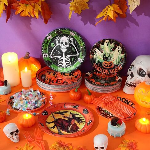 Sieral 180 Pcs Vintage Style Halloween Party Supplies Halloween Paper Plates and Forks Set, 7'' & 9'' Retro Ghost Pumpkin Plates Trick or Treat Halloween Party Decorations in Saudi Arabia