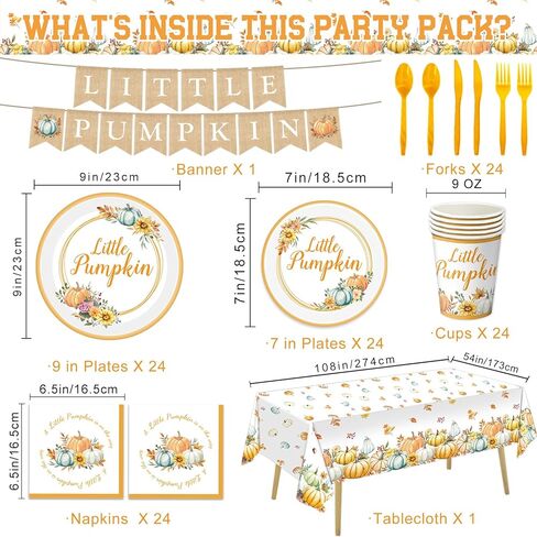 مجموعة زينة حفلات استقبال المولود الجديد من Fall Little Pumpkin، مجموعة زينة حفلات عيد الميلاد للاستعمال مرة واحدة مع أطباق وأكواب ومناديل ومفارش طاولة وراية وسكاكين وملاعق وشوك، تقدم 24 شخصًا in Kuwait