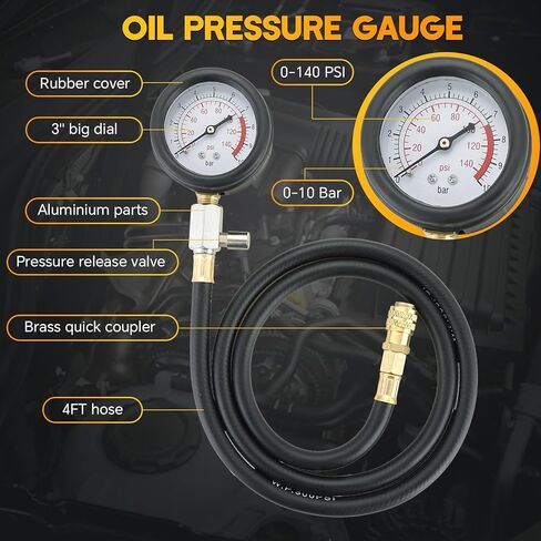 أداة اختبار ضغط الزيت | مجموعة قياس ضغط الزيت 0-140 رطل لكل بوصة مربعة، أدوات تشخيص اختبار الضغط، مجموعة أدوات اختبار ضغط زيت المحرك مع محولات خرطوم للسيارات والشاحنات ATVs in Kuwait