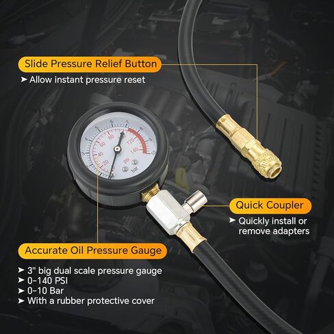 أداة اختبار ضغط الزيت | مجموعة قياس ضغط الزيت 0-140 رطل لكل بوصة مربعة، أدوات تشخيص اختبار الضغط، مجموعة أدوات اختبار ضغط زيت المحرك مع محولات خرطوم للسيارات والشاحنات ATVs in Kuwait