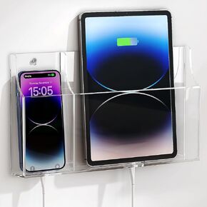 Yoillione Wall Mount Tablet and Phone Charging Stand for Tablet, Smartphone, E-Book, 2 Slots Remote Control Holder for TV, Air Conditioning, Clear Acrylic Remote Storage Media Organizer Box