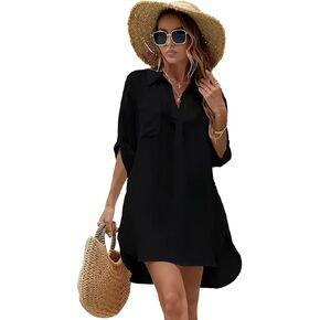 Swimsuit Coverup for Women V Neck Shirt Dress Bathing Suit Beach Cover Up 3/4 Sleeve Chiffon Cover Up S-XXL