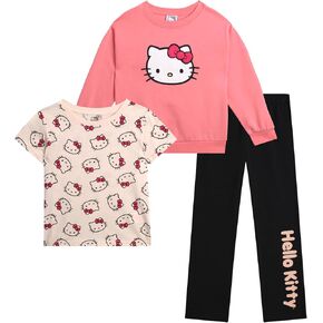 Hello Kitty Girls Leggings Set - 3 Piece Crewneck Sweatshirt, Graphic Tee Shirt, Flare Pants - Matching Set for Girls (2T-12)