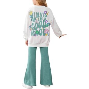 SweatyRocks Girl's 2 Piece Outfits Letter Graphic Drop Shoulder Sweatshirt and Flared Pants Set