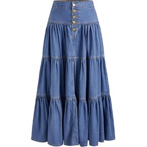 CIDER Denim High Rise Solid Tiered Button Pocket Maxi Skirt