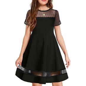 Arshiner Tween Girls Dress Formal Contrast Mesh Short Sleeve A Line Party Dresses with Pockets for 5-12 Years