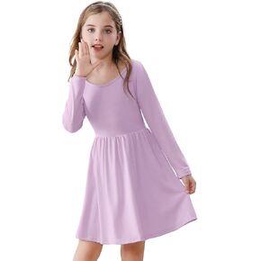 Zando Girls Long Sleeve Dress for Girls Solid Color A-line Swing Dresses High Waist Fall Winter Dresses for Girls 4-12 Years