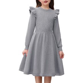 Arshiner Girls Sweater Dress Fall Winter Lantern Long Sleeve Cable Knit Pullover Midi Dresses