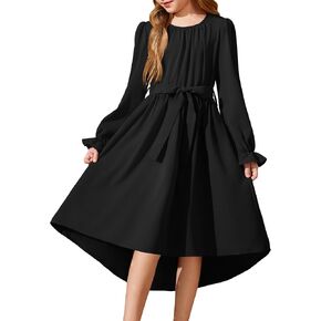 Arshiner Girls Long Sleeve Dress Fashion High Low Flowy Swing Semi Formal Party Dresses with Belt in Saudi Arabia
