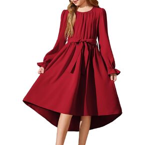 Arshiner Girls Long Sleeve Dress Fashion High Low Flowy Swing Semi Formal Party Dresses with Belt