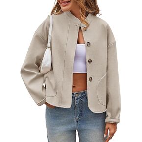 Tankaneo Womens Short Pea Coats Long Sleeve Button Down Casual Bomber Jackets with Pockets