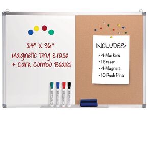 Excello Global Products Hanging Combination Board (Cork and Dry Erase) 24" x 36" w/Markers, Magnets and Pins