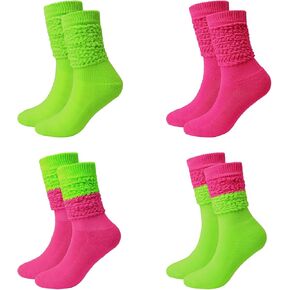 4 Pairs Neon Socks, Women's Leg Warmers for 80s 90s Outfits,Soft Knee High Sock Size 9 to 11