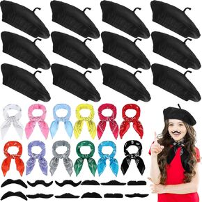 36 Pcs French Berets Set Colorful Neck Scarf Novelty Fake Mustaches for Women Kids Paris Themed Party Decor Halloween Party Artist Cosplay Set Vintage Black Beret