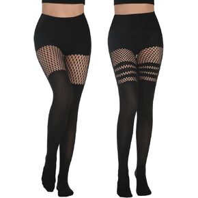 Yilanmy Mock Thigh High Stockings For Women Sexy Fishnet Tights Suspender Pantyhose 2 Pairs