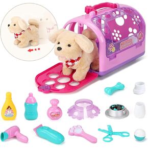 Pet Care Play Set Electric Vet Play Set-Walking,Barking,Tail Wagging Little Plush Dog Grooming Toys with Puppy Carrier Feeding Dog Educational Toys for Toddler Kids