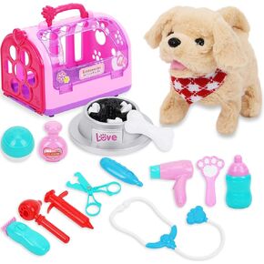 15-Piece Dog Toys for Kids - Walking Dog Stuffed Toy with Pet Cage, Doctor Role Play Toy Dogs with Pet Care Playset, Puppy Toys for Kids, Gift for 2+ Years Old