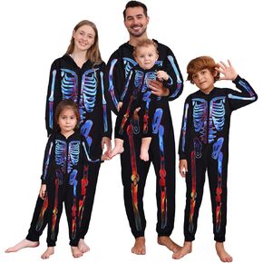 Patgoal Halloween Skeleton Costumes Matching Family One Piece Hooded Jumpsuit Bodysuit for Men Women Kids Couples Adult