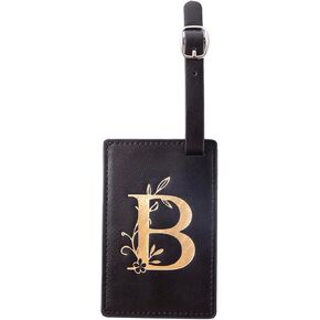 Initial Letter Luggage Tag Pu Leather for Suitcase Bag Tag for Baggage Luggage Tag with Full Privacy Cover ID Label (T, Brown/Gold)