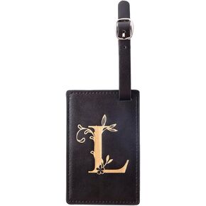 Initial Letter Luggage Tag Pu Leather for Suitcase Bag Tag for Baggage Luggage Tag with Full Privacy Cover ID Label (T, Brown/Gold)