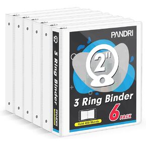 3 Ring Binder 2 Inch, PANDRI 6 Pack 2-Inch Binder Fits Letter Size 8.5'' x 11'' Paper, Versatile Binders for Office Home School, 2 Pockets, White