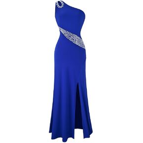 Angel-fashions Women's Hollow Out Rhinestones One Shoulder Slit Prom Dresses