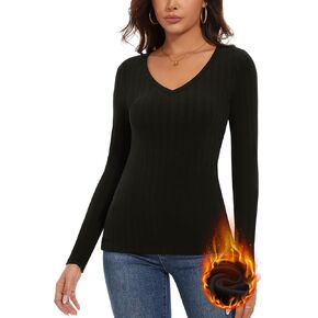 WOWENY Womens Long Sleeve Thermal Shirts V Neck T Shirts Underwear Tops Warm Base Layer Basic Fitted Tees