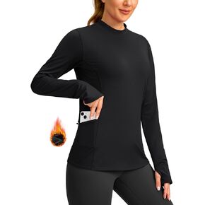 SANTINY Long Sleeve Thermal Shirts for Women Fleece Mock Neck Tops Winter Workout Running Gear with Zipper Pockets