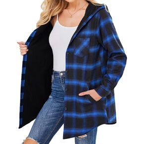 HOTOUCH Women Flannel Fleece Shacket Jacket Plaid Button Down Long Sleeve Shirt 2024 Fall Winter Outfits Clothes with Hooded