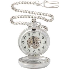 Biddy Murphy Pocket Watch for Men, Traditional Irish Claddagh Pewter Cover, Stainless Steel Case, Classic Mechanical Hand Wind Up with Chain