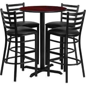 Flash Furniture 30'' Round Mahogany Laminate Table Set with X-Base and 4 Ladder Back Metal Barstools - Burgundy Vinyl Seat