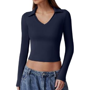 QINSEN Womens V Neck Polo Shirt Long Sleeve Double Lined Tees Basic Collared Fitted Going Out Tops